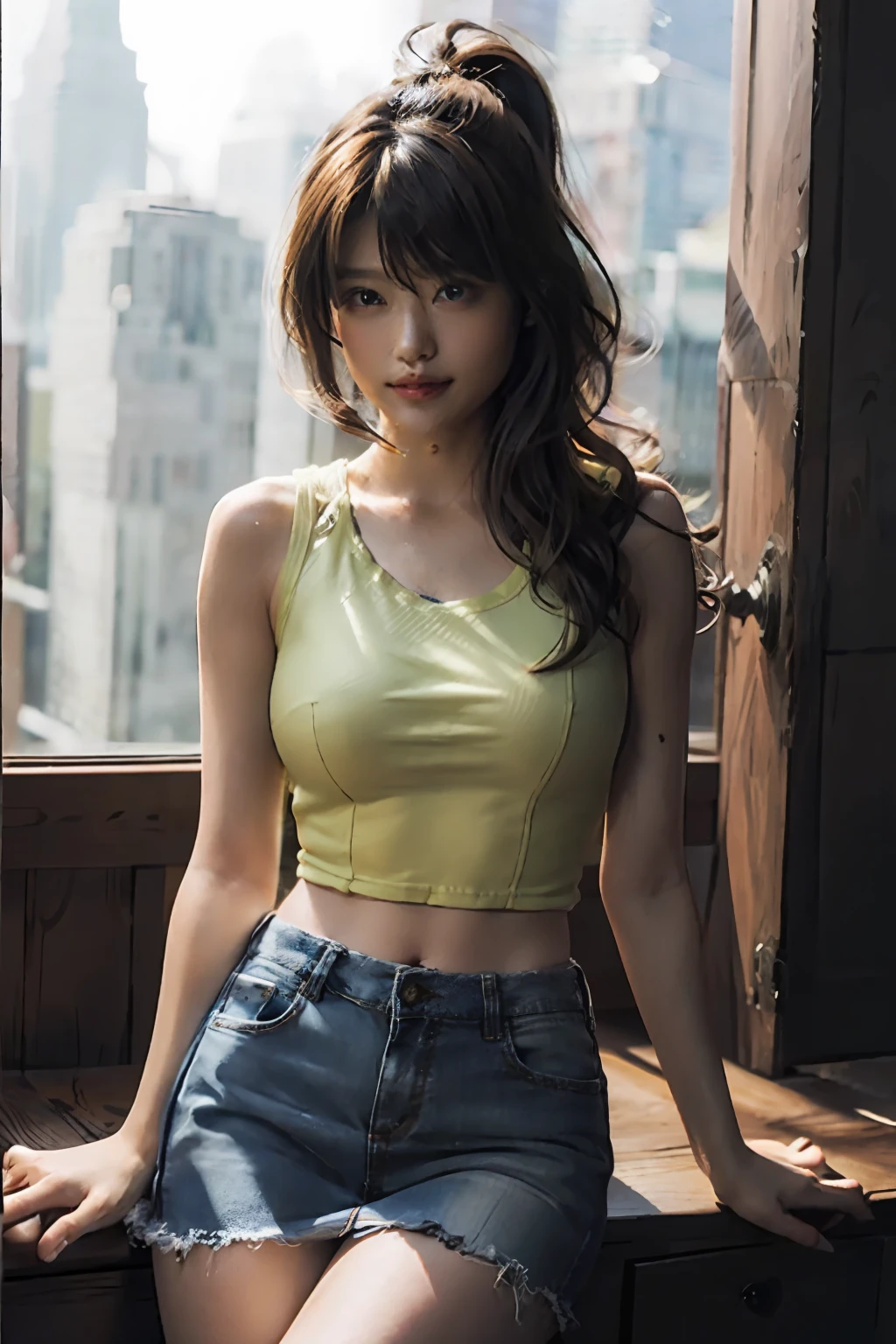 (8K、Raw photography、Your face is illuminated by lights、top-quality、outside of house、Shunguang、Bright lighting front gym sitting、​masterpiece:1.2)、(realisitic、Photorealsitic:1.37)、Ultra mini skirt、White shorts、skirt by the、ultra-detailliert、Full body posture、Beautiful constriction、Leather Green Tank Top、Sleeveless、large boob、large udder、超A high resolution、女の子1人、Denim skirt、Low-rise miniskirt、Beautiful navel、beautiful thigh、Beautiful bust、flaxen ponytail、Short clothing、see the beholder、beautifull detailed face、A smile、Constriction、(Slim waist) :1.3)、The shirt、Beautiful detailed skin、Skin Texture、floated hair、profetional lighting、