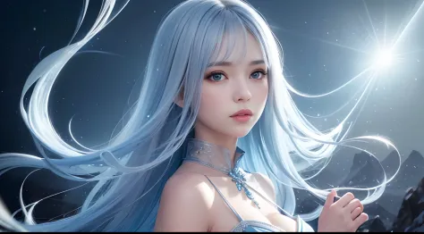 Beautiful female ice mage，Sky blue and gray curls,Sheer tulle dress，The expression is cold，low  angle shot, ice mountain,Fantasyart，detail-rich，电影灯光，real photograph，SLR camera,(Very detailed, reasonable design, Clear lines, High sharpness,Best quality, Mas...