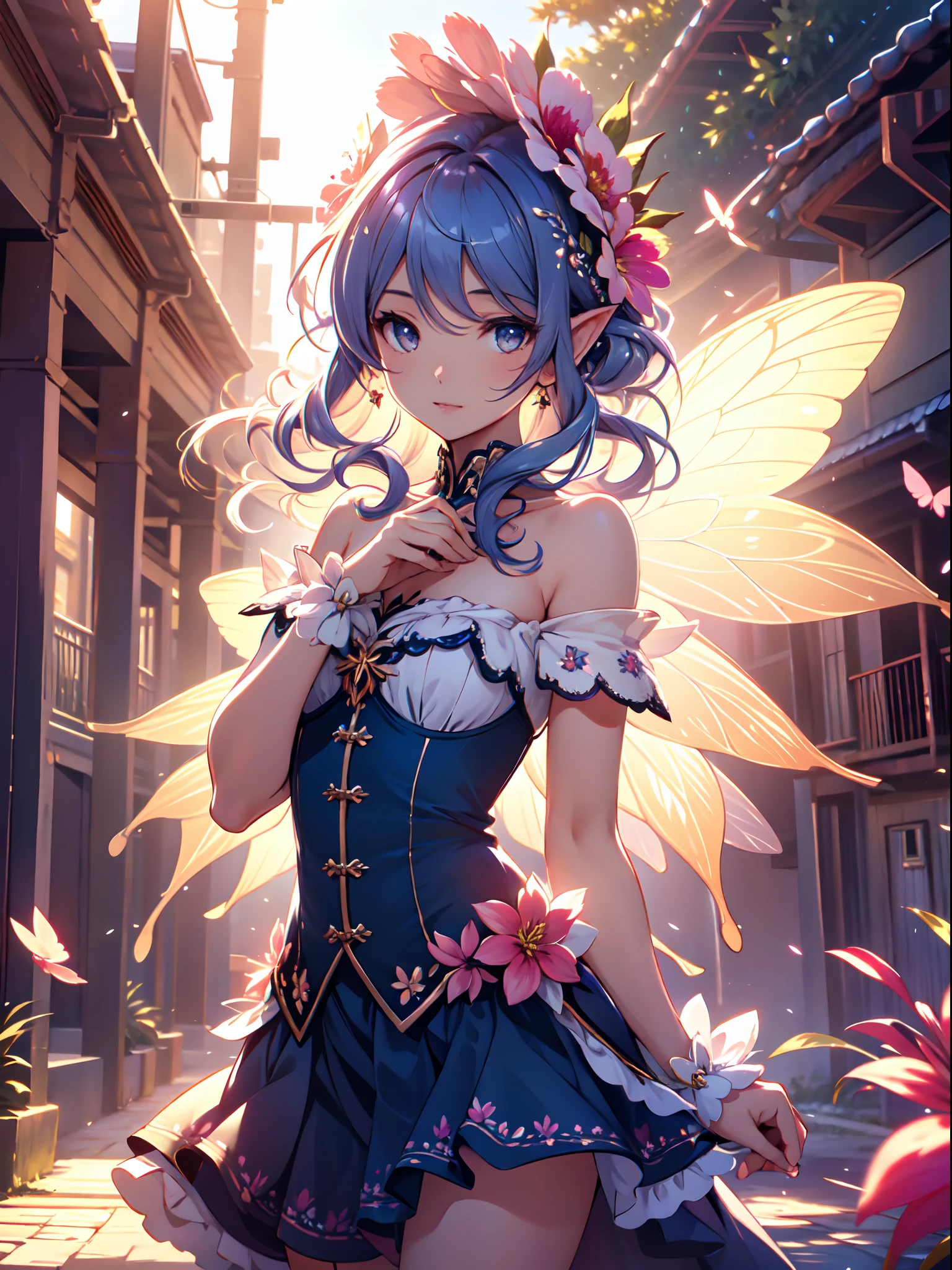 a flower little fairy are playing. are wearing Skirt with petal design, ruffled sleeveless off-shoulder, Floating. Flower field, natural light,(Best quality), (masterpiece:1.3), ultra-detailed, (realistic), (photorealistic), butterfly_wings,