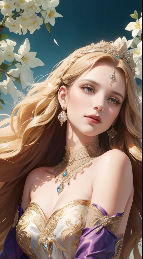 tmasterpiece，Highest high resolution，Dynamic bust of beautiful royal lady，Delicate blonde braided hair，Purple clear eyes，The hair is covered with beautiful and delicate floral craftsmanship, Crystal jewelry filigree，Intact hands，Ultra-detailed details，upsc...
