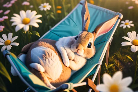 Photo of a little rabbit lying on a camping chair，Aerial overhead shot，clean backdrop，depth of fields，largeaperture，photography of，volume fog，Halo，blooms，Dramatic atmosphere