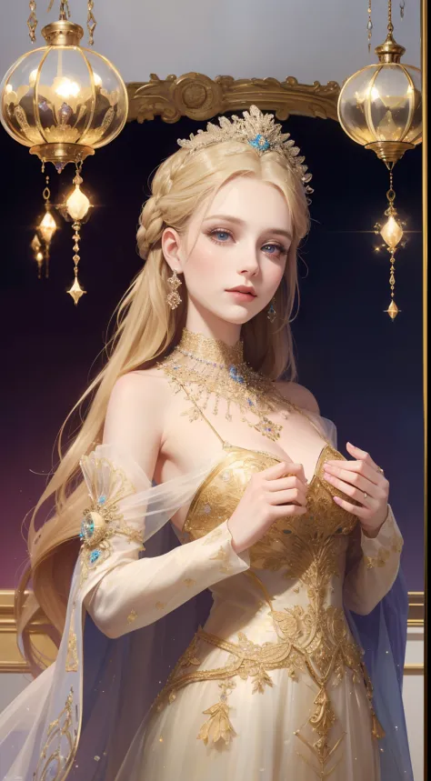 tmasterpiece，Highest high resolution，Dynamic bust of beautiful royal lady，Delicate blonde braided hair，Purple clear eyes，The hair is covered with beautiful and delicate floral craftsmanship, Crystal jewelry filigree，Intact hands，Ultra-detailed details，upsc...