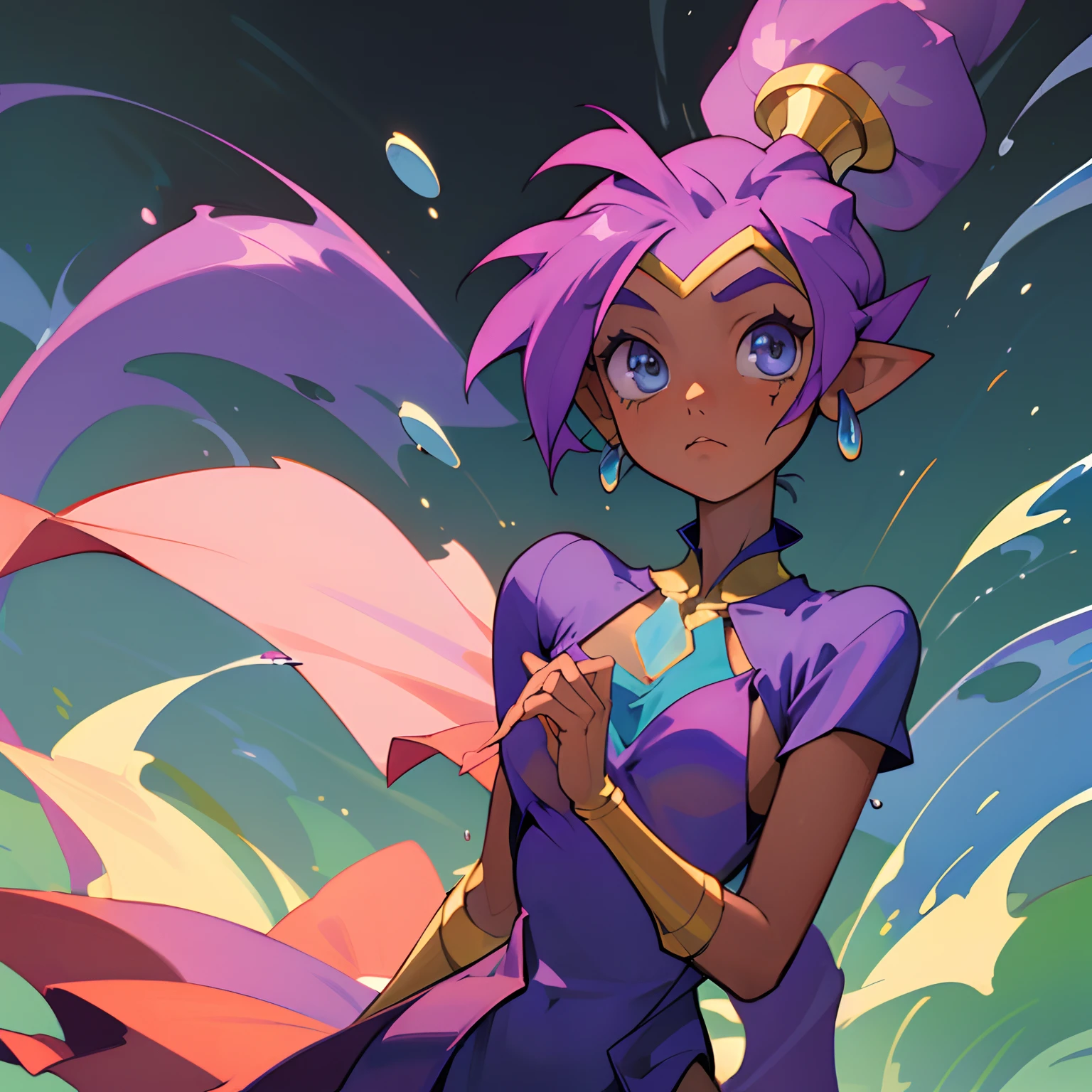 (beste-Qualit, tmasterpiece), a 1girl, water fall, glistering, gown, particle, the wind, flower, upper-body, Simple background, looks at the viewer, shantae,