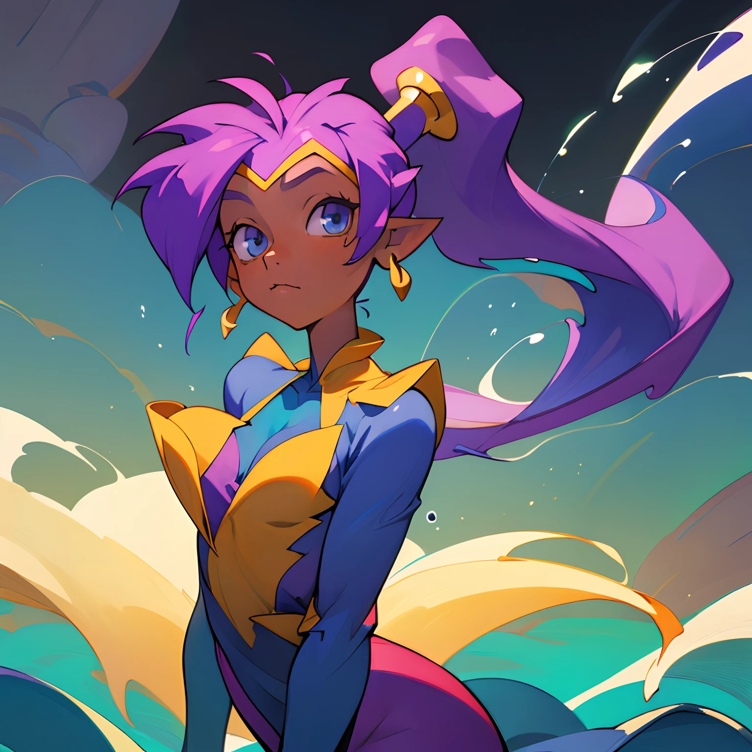 (beste-Qualit, tmasterpiece), a 1girl, water fall, glistering, gown, particle, the wind, flower, upper-body, Simple background, looks at the viewer, shantae,