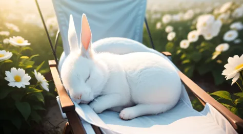 Photo of a little white rabbit sleeping on a camping chair，With his eyes closed，Aerial overhead shot，clean backdrop，depth of fields，largeaperture，photography of，volume fog，Halo，blooms，Dramatic atmosphere