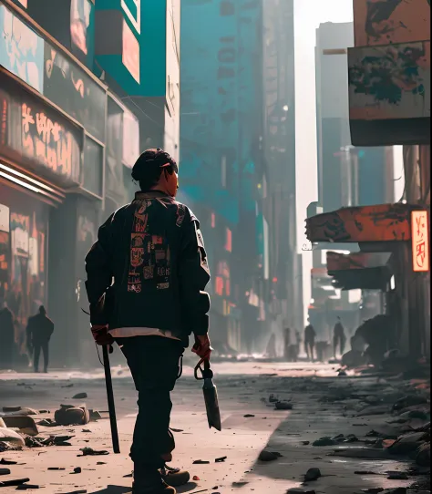 (obra-prima) raw altamente detalhado, a post-apocalyptic man with a skateboard in his hand in tactical outfits in a burning cybe...