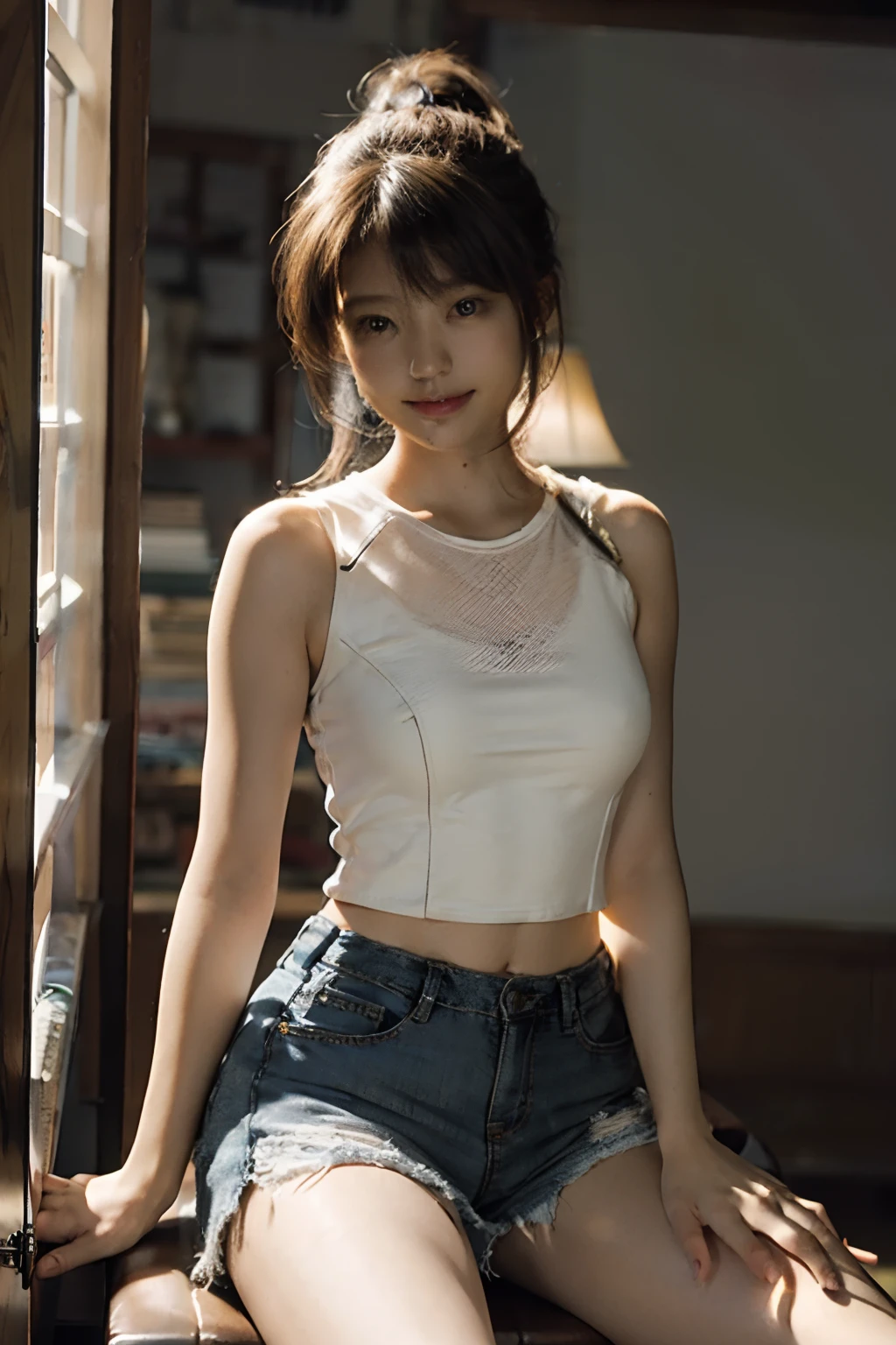 (8K、Raw photography、Your face is illuminated by lights、top-quality、outside of house、Shunguang、Bright lighting front gym sitting、White underwear、white panty、White shorts、​masterpiece:1.2)、(realisitic、Photorealsitic:1.37)、Ultra mini skirt、Open your legs to the left and right、Open your legs wide from side to side、Short clothing、White shorts、skirt by the、ultra-detailliert、Full body posture、Beautiful constriction、Leather Green Tank Top、Sleeveless、large boob、large udder、超A high resolution、女の子1人、Denim skirt、Low-rise miniskirt、Beautiful navel、beautiful thigh、Beautiful bust、flaxen ponytail、Short clothing、see the beholder、beautifull detailed face、A smile、Constriction、(Slim waist) :1.3)、The shirt、Beautiful detailed skin、Skin Texture、floated hair、profetional lighting、