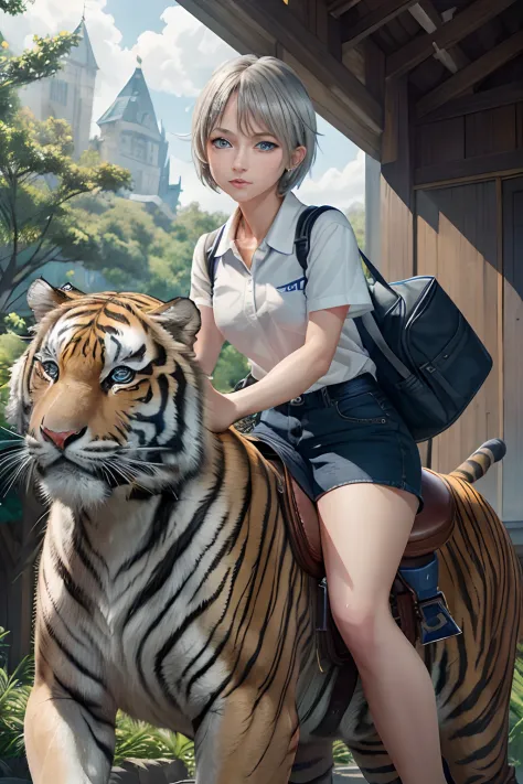 (Best Quality, Masterpiece: 1.1), (Realistic: 1.4), Beautiful girl is riding on the tiger, god ray ,teen, silver short hair, blu...