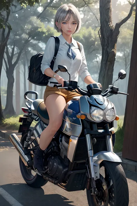 (Best Quality, Masterpiece: 1.1), (Realistic: 1.4), Beautiful girl is riding on the tiger, god ray ,teen, silver short hair, blu...