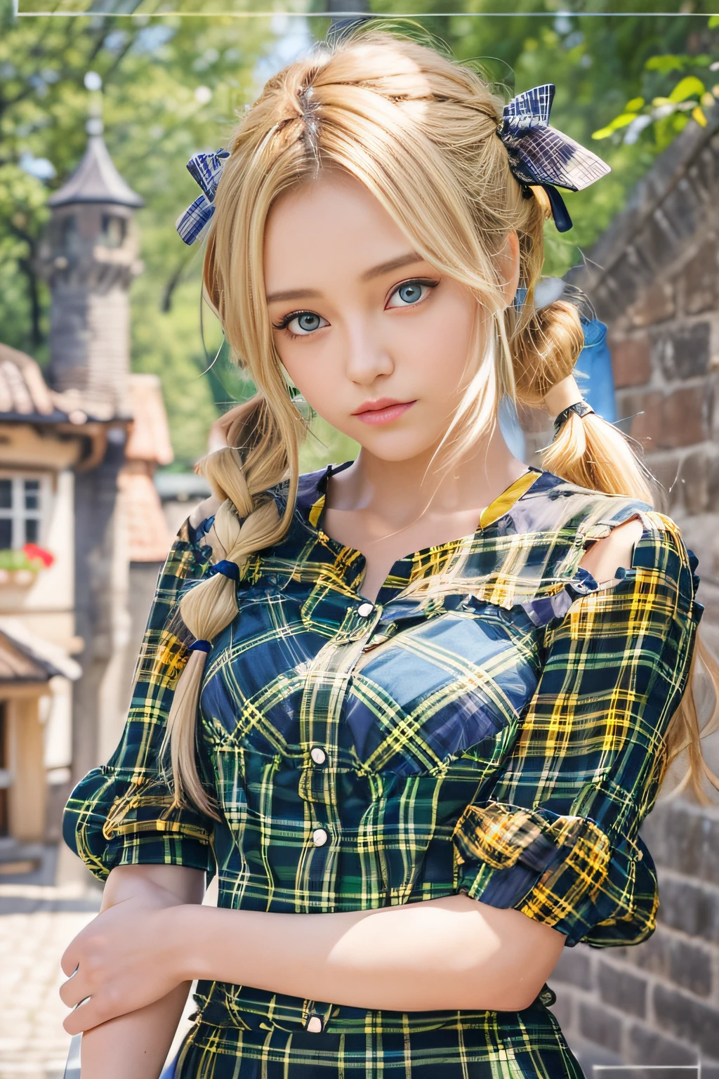 (red/yellow/blue/green/black/purple plaid dress),1girl, blonde hair, blue eyes, realistic,photorealistic, cowboy shot, low twintails, looking at viewer,standing, upper body, outdoors, european town, european style houses, (castle), noon, streets, sunshine,