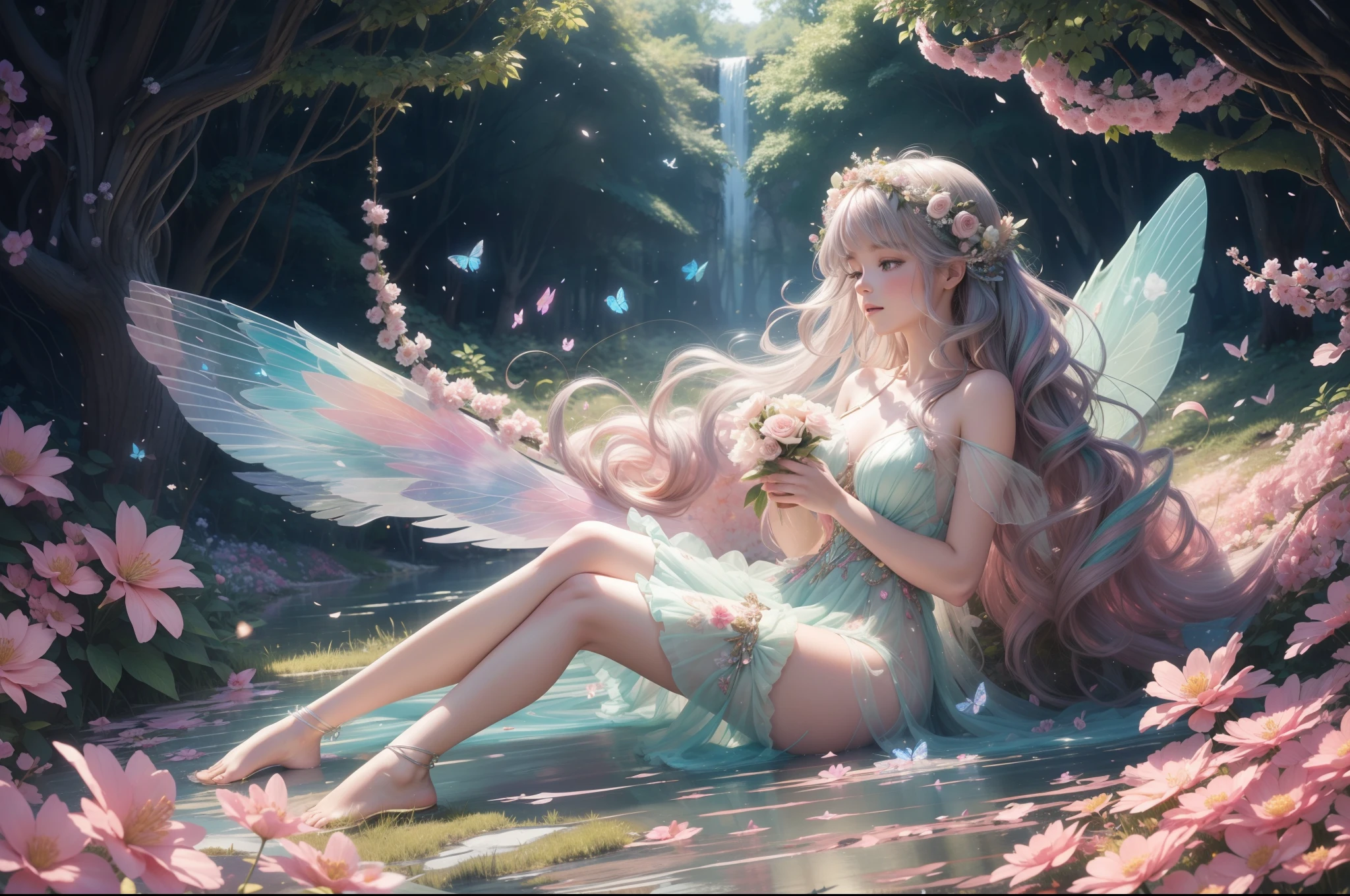 A young fairy in vortex of falling flowers and leaves. Butterfly like Wings. She wears a multilayered ruffled dress in light pink transparent fabric with silver and aquamarine embellishments. Long messy wavy hair. She is merging from a swirl of multicoloured varieties of flowers and leaves of different shapes and tones of green. Happy palette of colours. Magical flowery forest as background, clear day, sunny, light filtering through the trees. Photorealistic.