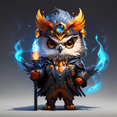 Cartoon owl close up with torch in hand, owl wizard, glowing owl, hero character art, league of legends character art, heroic fantasy character concept, character design contest winner, glowing owl, league of legends concept art, riot games concept art, ch...