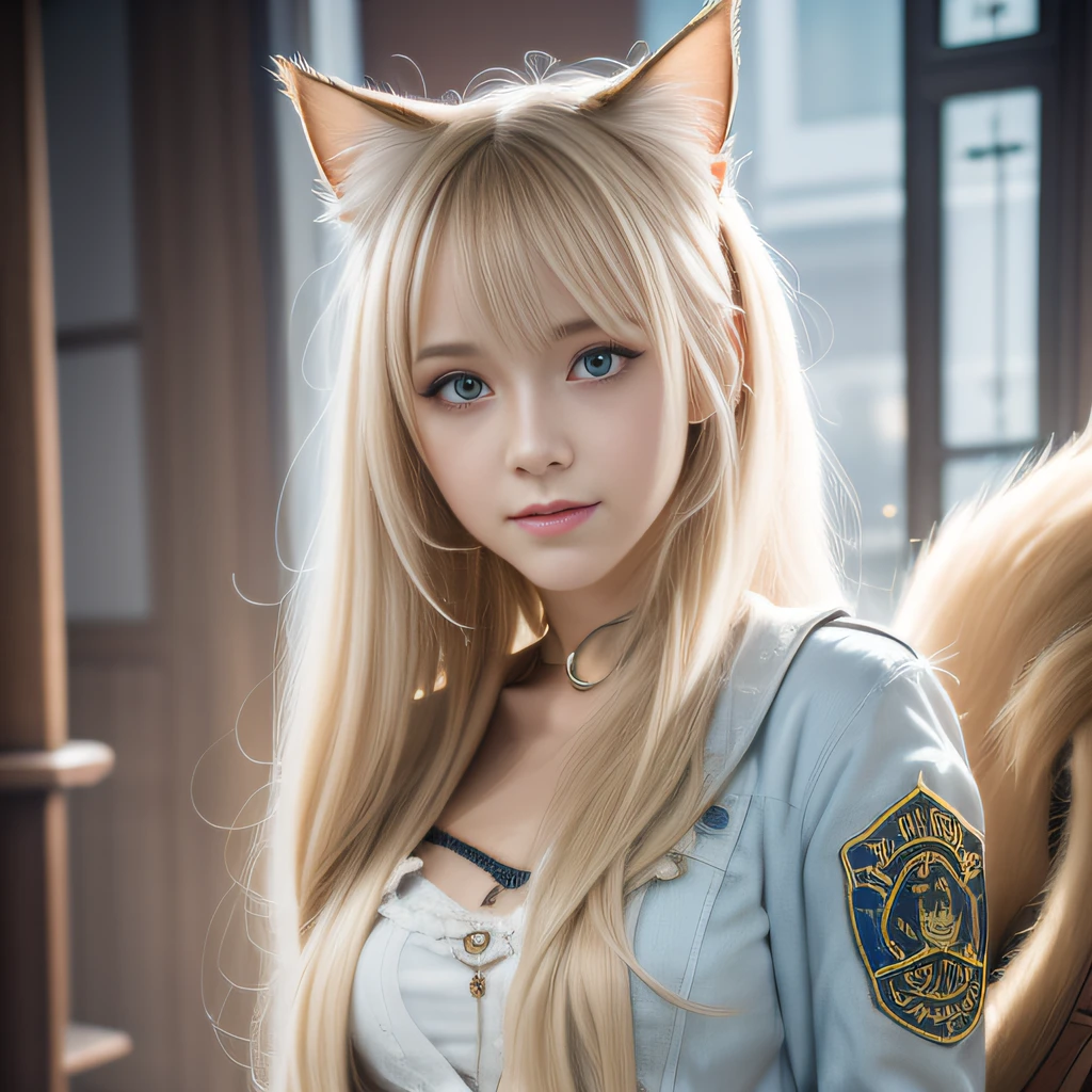 Ukrainian girl , Ukrainian anime girl ,ukranian , The whole body consists of a young girl with messy light blonde hair, Eye makeup, 11yo, Cat ears, Soft lighting, Solo, Wear shabby clothes, Dirty, Tattered futuristic military uniform, Cat's paw badge, Pose, spot color, rendering by octane, Ultra-realistic intricate details, Cinematic, 8K resolution, 70mm, emphasis lighting, Global illumination, Full body portrait, clean detailed faces, Complex clothing, Cute face, Flat chest, Slim waist, Slim legs, Small hips