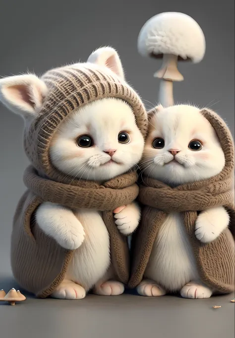 (mushroom on head:1.2), there are two kittens that are wrapped up in a blanket, cute cats, adorable digital painting, cute cat photo, cute and adorable, cute 3 d render, cute digital art, cute kittens, adorably cute, cute adorable, cute animals, cute detai...