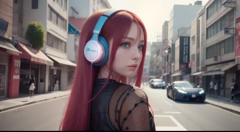 girl with headphones,hair color rainbow eyes red cyberpunk,8k extremely detailed, smooth, high resolution, ultra quality, highly...