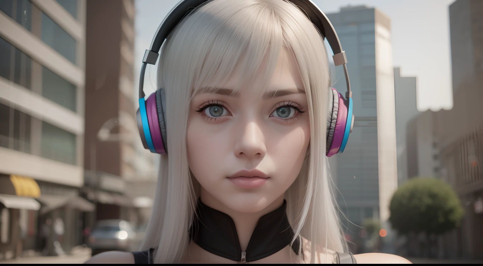 girl with headphones,hair color rainbow eyes red cyberpunk,8K extremely detailed, smooth, high resolution, ultra quality, highly detailed eyes, highly detailed mouth, highly detailed face brightness, iridescent, global lighting, real hair movement, real light, real shadow, real face, hd, 2k, 4k, 8k, 16k, realistic light, realistic shadow, bright eyes, fluorescent eyes, soft light, dream light,anime, 3d, japan, pixar, masterpiece, best quality, posing with lamborghini