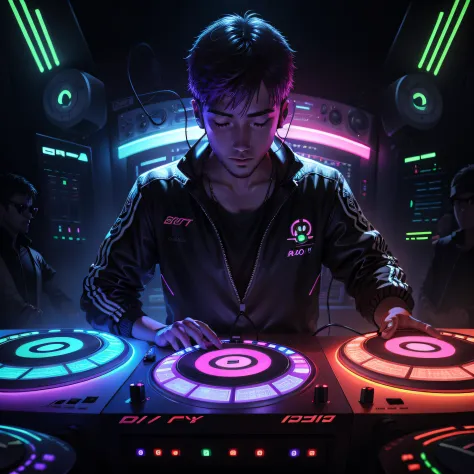 Detailed DJ Boy DJ Controller with Neon, Super vibrant music lights.