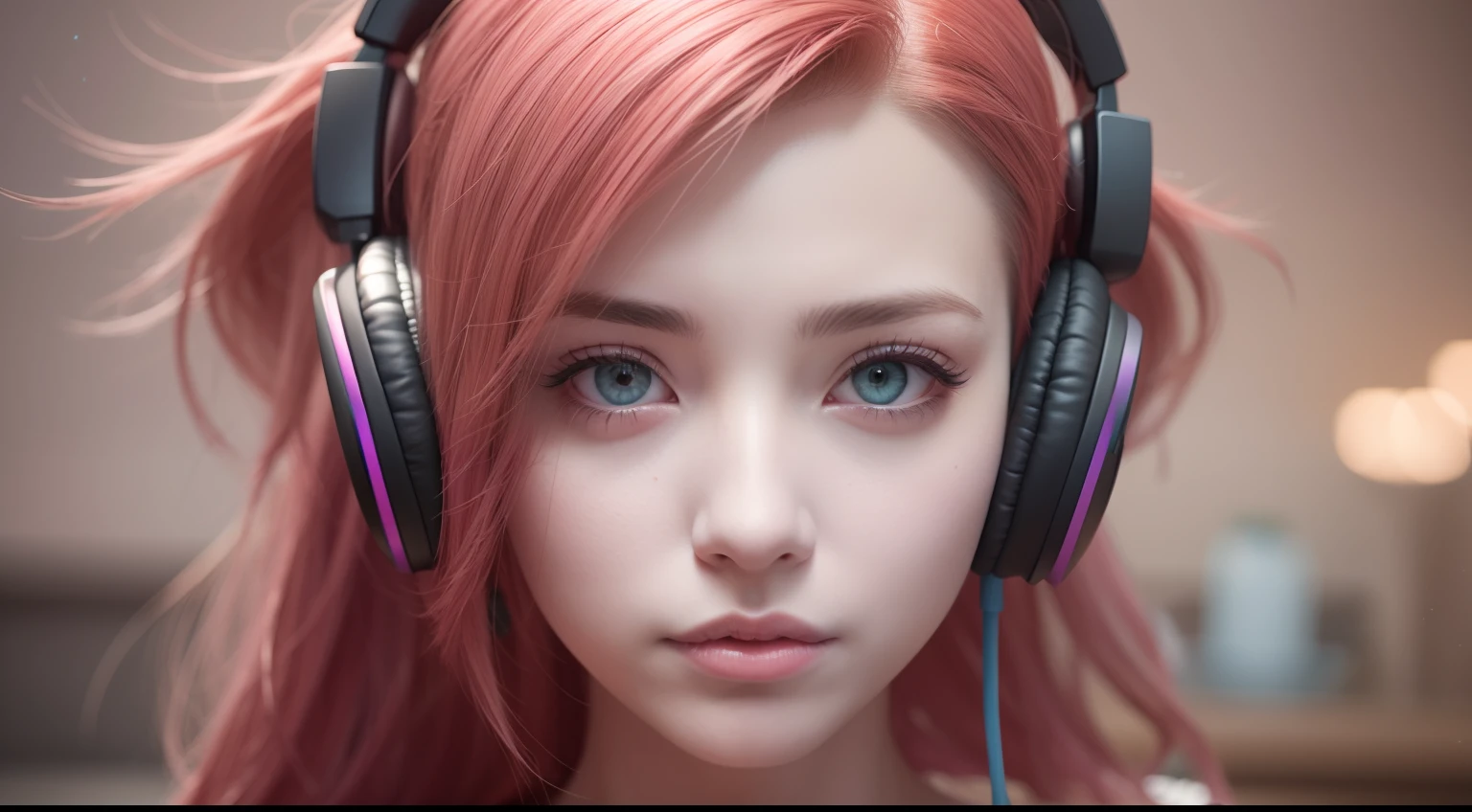 girl with headphones,hair color rainbow eyes red cyberpunk,8K extremely detailed, smooth, high resolution, ultra quality, highly detailed eyes, highly detailed mouth, highly detailed face brightness, iridescent, global lighting, real hair movement, real light, real shadow, real face, hd, 2k, 4k, 8k, 16k, realistic light, realistic shadow, bright eyes, fluorescent eyes, soft light, dream light,anime, 3d, japan, pixar, masterpiece, best quality, posing with lamborghini