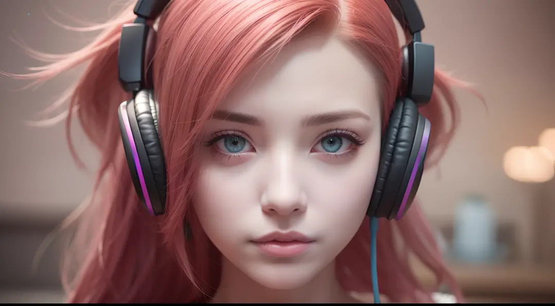 girl with headphones,hair color rainbow eyes red cyberpunk,8K extremely detailed, smooth, high resolution, ultra quality, highly...
