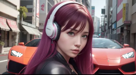 girl with headphones,hair color rainbow eyes red cyberpunk,8k extremely detailed, smooth, high resolution, ultra quality, highly...