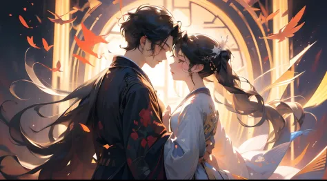 1 boy and 1 girl kissing，large scene，Character dots，With his eyes closed， wood bridges， magpie， Clouds， Skysky， themoon， the night， wide wide shot，Hanfu，long whitr hair，sideface，Eye contact，take hand，The light from the back window is backlighted，The light ...