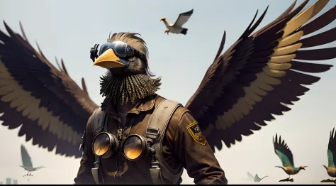 Bird-headed bird-beaked man，Wear pilot round goggles，Wings spread，The shell is broken，decrepit