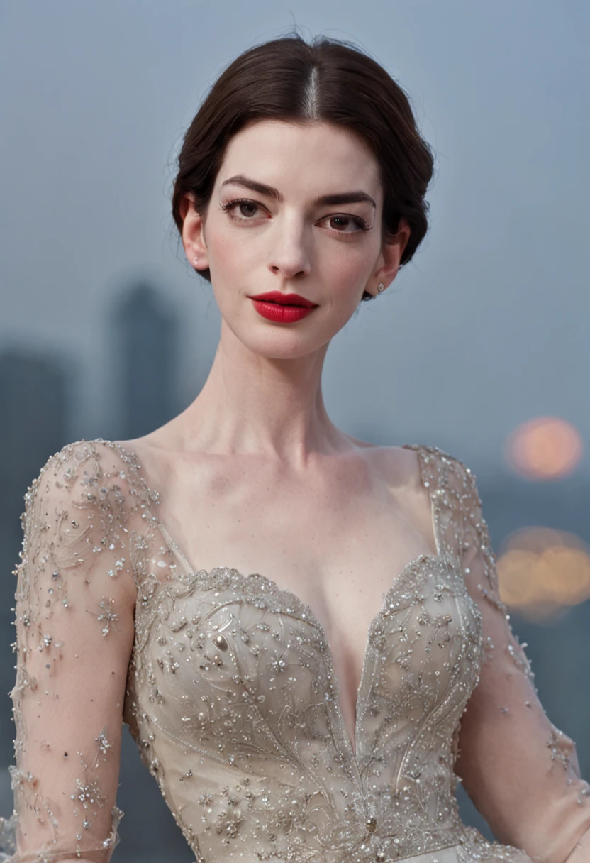 Anne hathaw in a wedding dress with a city skyline in the background -  SeaArt AI