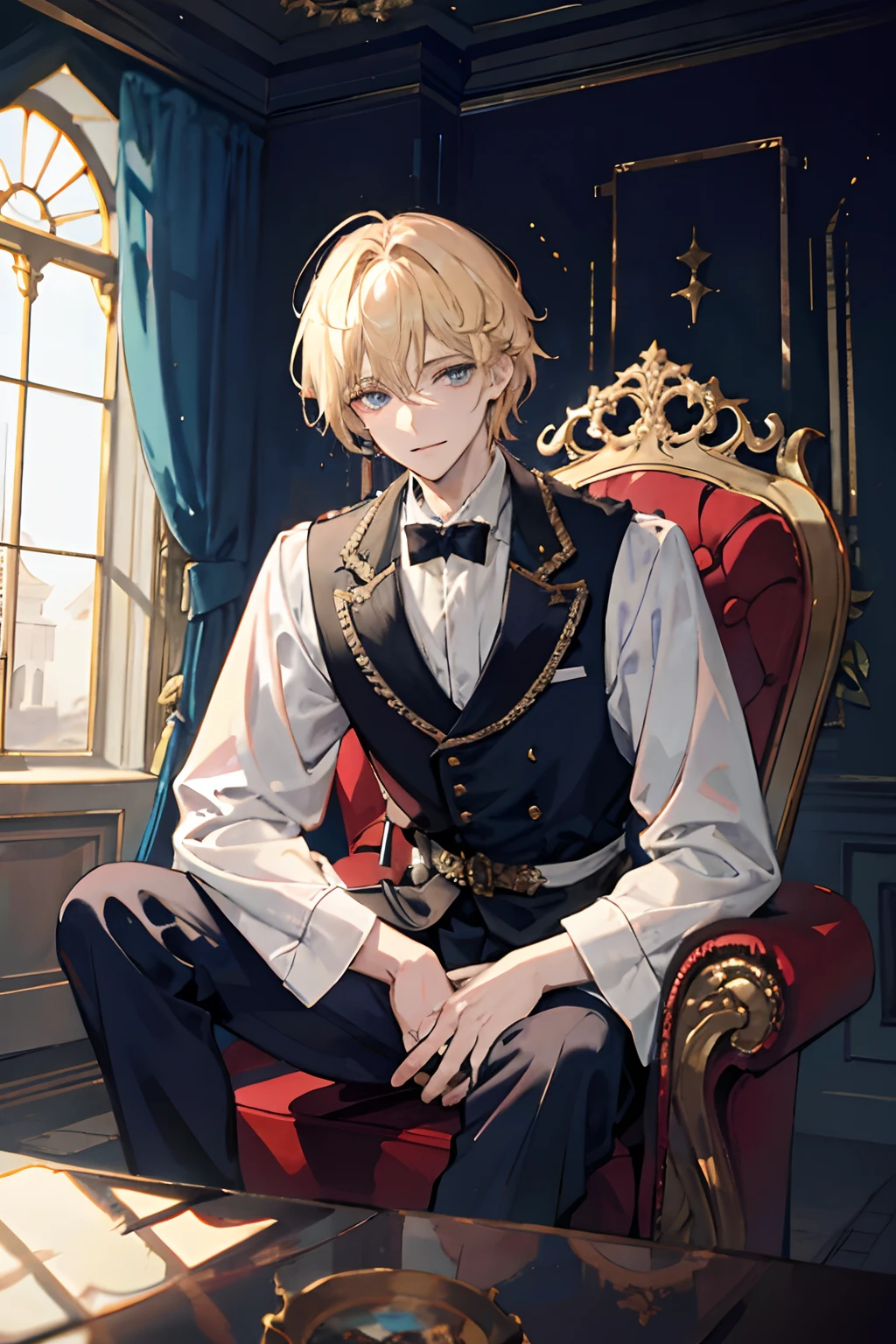 Prinz sitzt auf einem majestätischen Thron in einem verlassenen Palast, 1 Junge, blondes Haar, blaue Augen, 20 Jahre alt, kaltes Gesicht, Leicht schmunzeln,