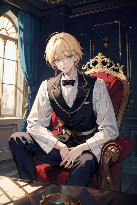 prince sits on a majestic throne inside an abandoned palace, 1 boy, blonde hair, blue eyes, 20 years old, cold face, smirk sligh...