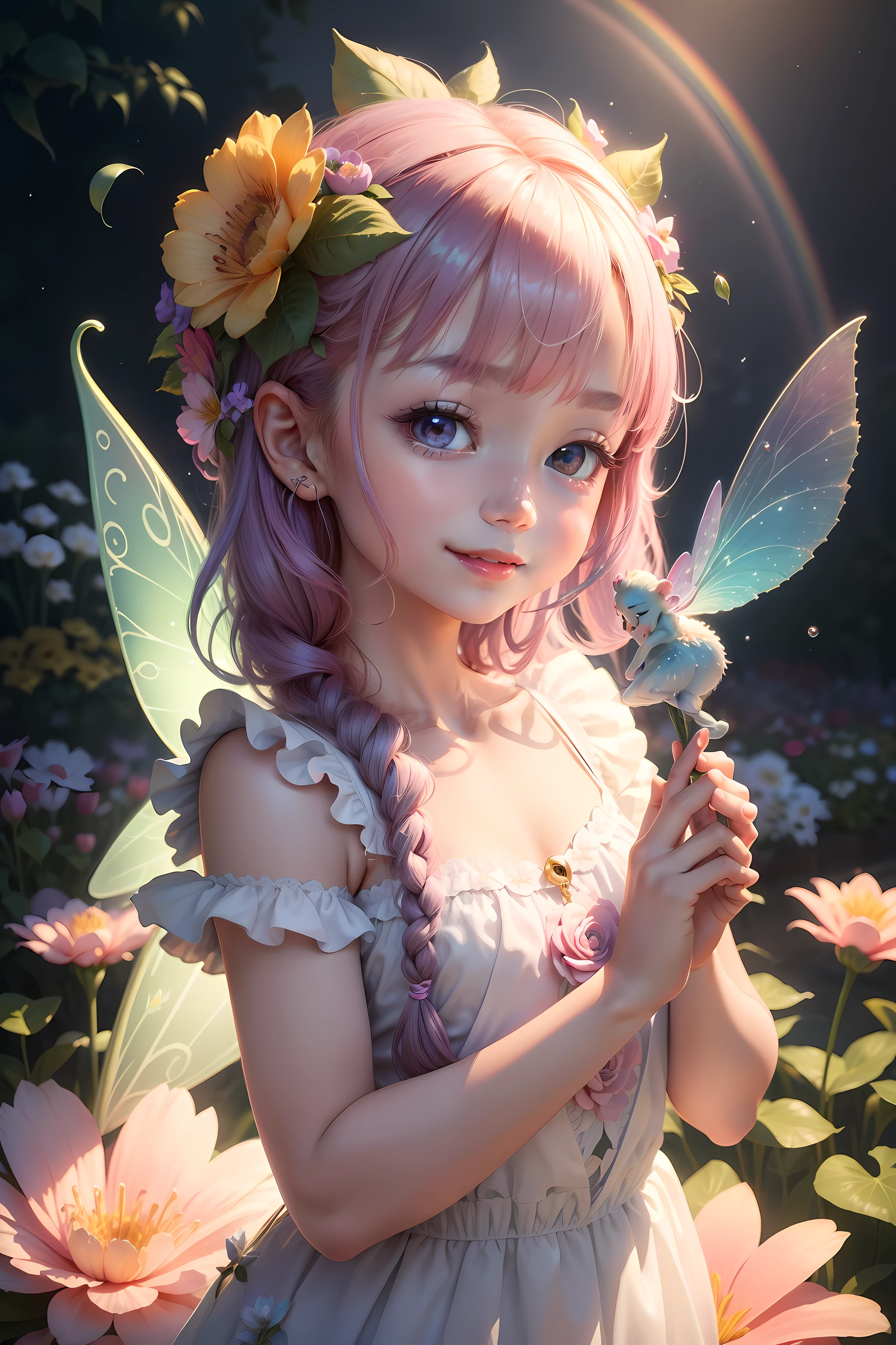 Cute flower fairy baby，Take the magic wand，The beautiful fairy with a sense of transparency has a bright smile，Let's be happy，Beautiful garden background，Bright rainbow-colored landscape，plethora of colors，Rich in elements，Facial features are super detailed，Ultra-high sharpness、k hd、8K、