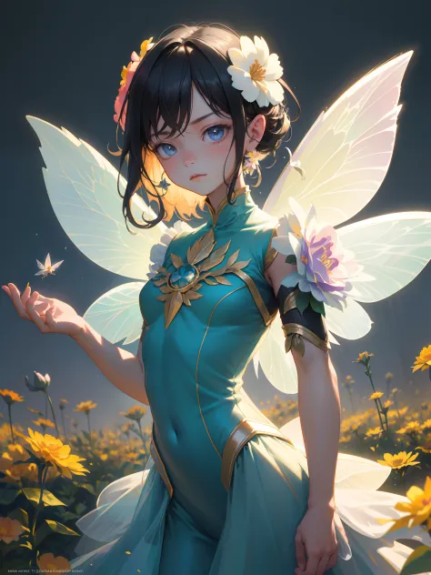 (the flower fairy:1.5), very small human, very big flowers, fly, ultra-high saturation, full bodyesbian，1girll， garden backgroun...