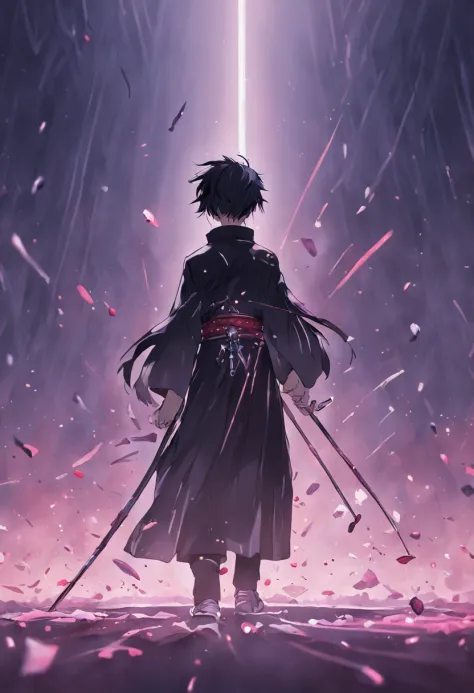 The man is holding a sword, and there is a black bead on his chest, and on the left side of the picture is written, "The edge of the black bead."：Reality and fairy path"