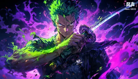 Close up of man holding sword on purple and green background, Solon, Anime 8 k, Anime epic artwork, style of anime4 K, Anime wal...