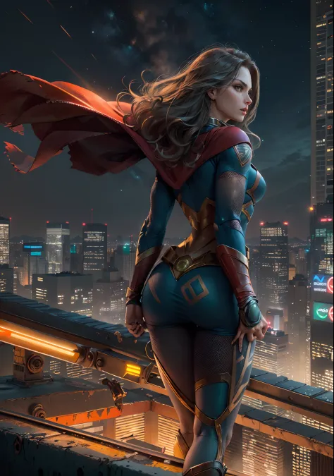 ((Masterpiece, 4k resolution, ultra-realistic, very detailed, cinematic lighting, sexy Supergirl charismatic, heroic-suoerhero-pose on a skyscraper city neonlit rooftop)), [ ((22 year old girl with big butt), (seductive pose:1.2), full body, (green eyes:1....