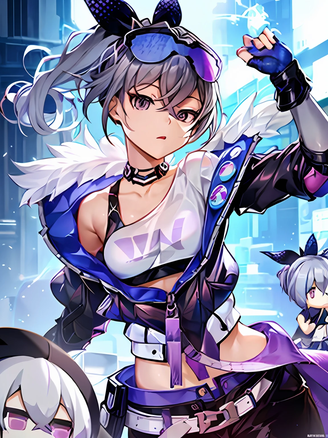 bronya zaychik, bronya, silver_Wolf, grey hair, Horse tail, grey eyes, Small_breasts, Shorts, shot_jacket, beltt, earrings, hair clip, looking at the viewer, diseases, choker, (belly button: 1.1), clavicle, sweat, big butt, big tits