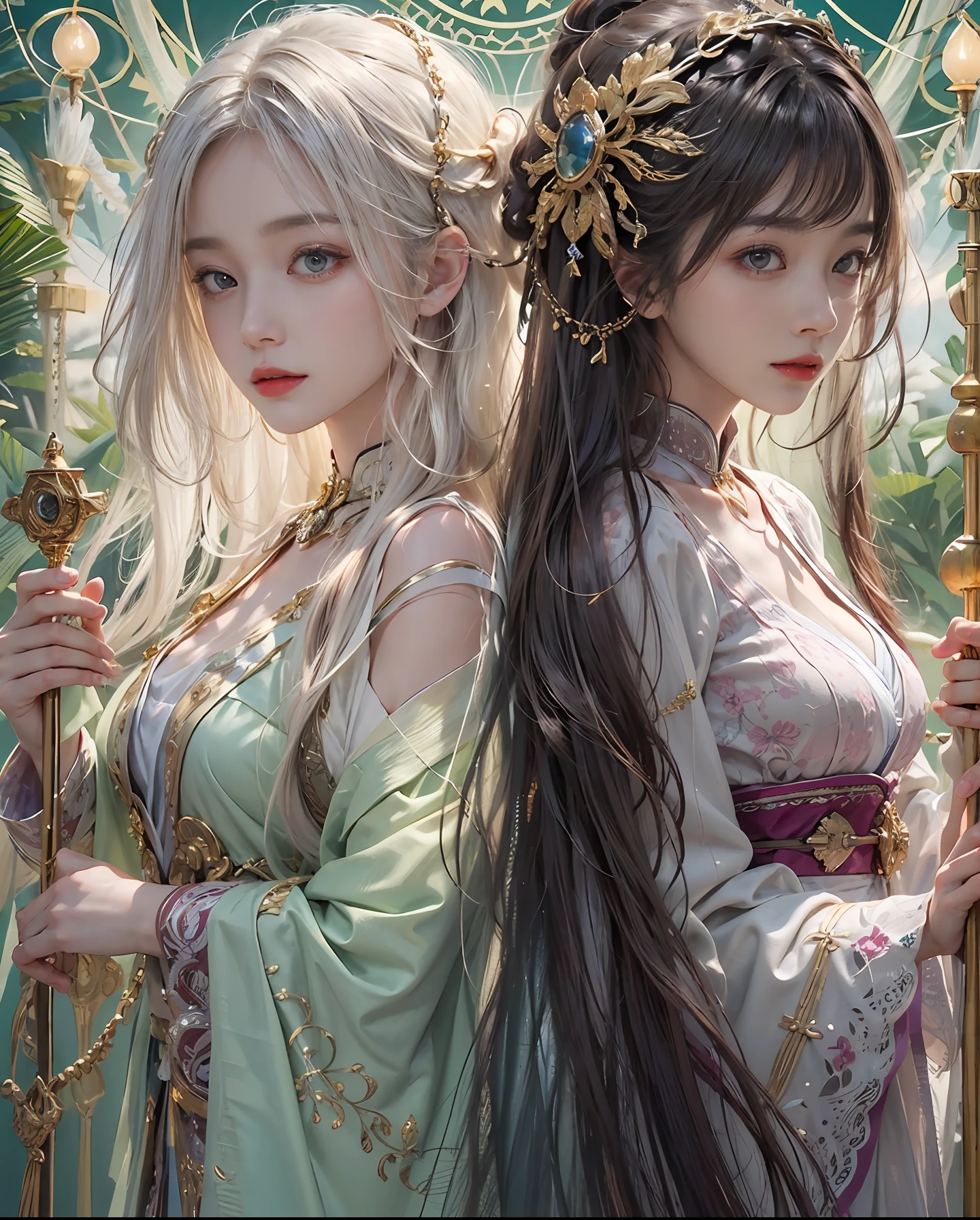 Official art、Two Priestesses、With two beautiful women in black robes with open chests、Beautiful woman in white robes with open chest、The costumes of the two are contrasting、Hair color is also contrasting、Eye color is also contrasting、Two people who all contrast、PerfectNwsjMajic,(​masterpiece、top-quality、top-quality、Official art、Beautifully Aesthetic:1.2)、(2girls)、ighly detailed、colourfull、highestdetailed、Official art、Unity 8k Wallpaper、Ultra-detail、Beautifully Aesthetic、Beautiful face in detail、​masterpiece、top-quality、(zentangle、a Mandala、Tangles、Entanglement)、Holy Light、pure、There are also resilient messages, Overcoming and hope. Breasts are small and B size、A slender、The chest is open、Eyes are double（A detailed eye）, Beautifully detailed、Hair that flutters in the wind、Maroon Gradient Hair Color、Hair color is contrasting、high-heels、Gold Anklet、Beautiful girls staring at each other on a large dial、The background is a night temple lined with candles、The healing light that glitters around the two of them has a bokeh effect、