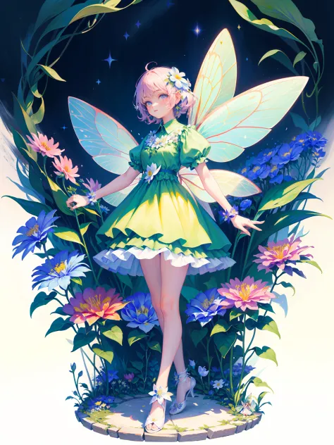 (the Flower Fairy:1.5), Very small size human, very big flowers, Fly,  full body,1girll， Dark room,