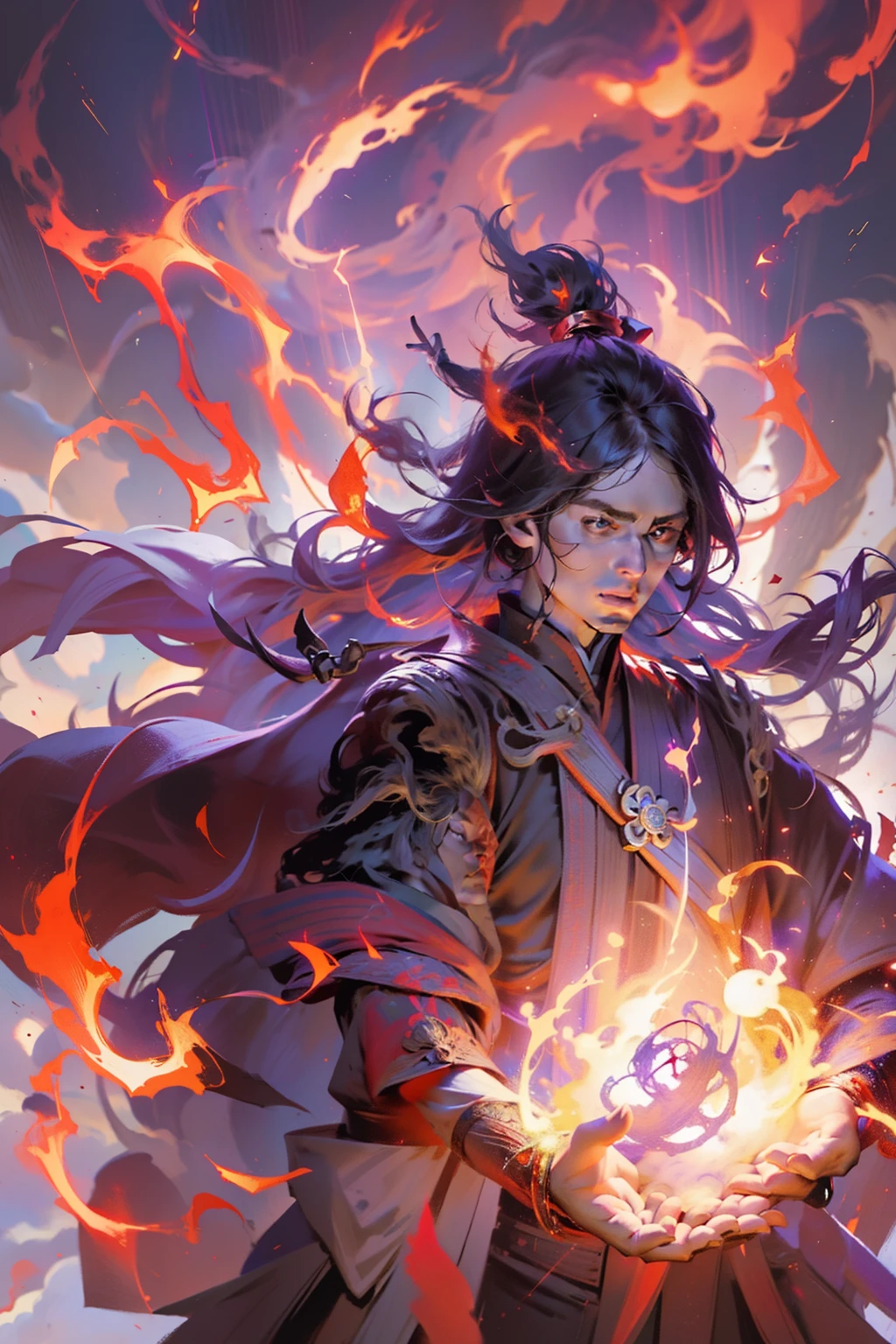 One immortal，There is a raging fire all around, Accompanied by the flame,Keqing from Genshin Impact,Genshin impact's character, holy fire spell art, fire behind him, holy flame spell, firemage, Genshin Impact