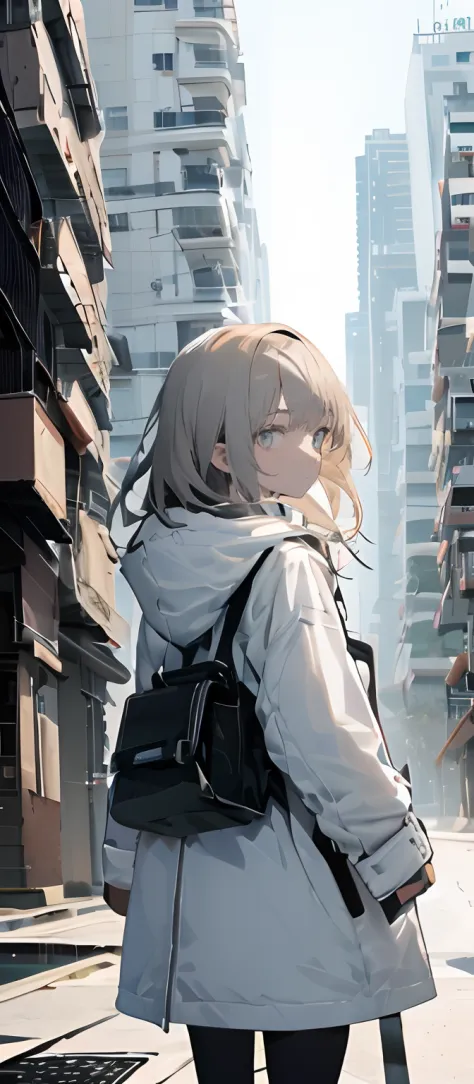 teens girl，A cold face，Wearing a white coat，Look sideways at me，Behind it is a deserted city