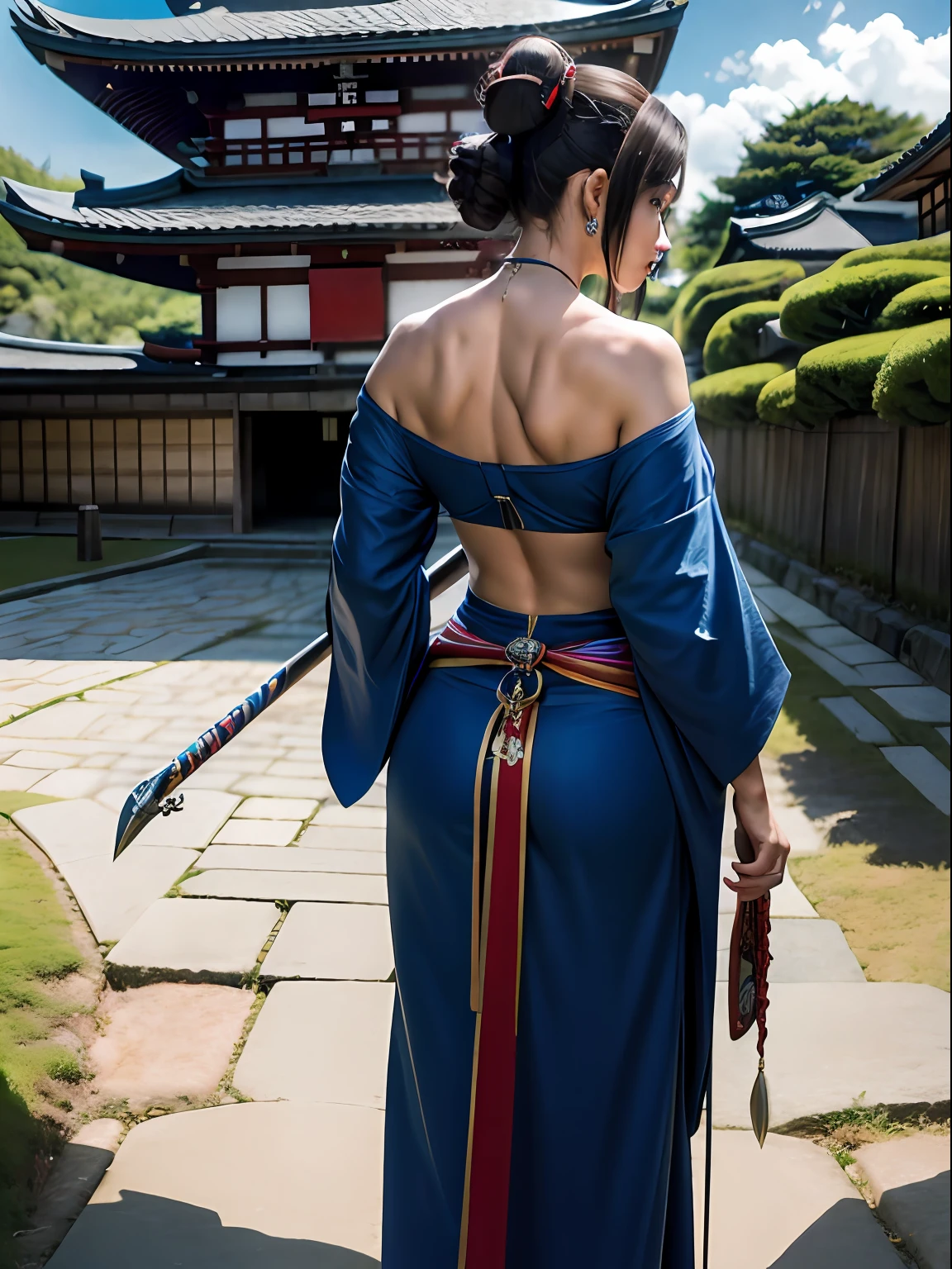 Split abs, large full breasts, Best Quality, masutepiece, 超A high resolution, (Photorealistic:1.4),  arma, Detailed face, 1 girl with her back turned, Sword weapons, cleavage, (Magic Circle:1.2), Beautiful girl with her back turned, Full body, Japan's castle town in the Edo period, Townscape of the Edo period, Samurai, Japan, Fantasy, High quality, ultra detailed in 4k, 8K, High resolution, fantasy coverart style, medieval times, Sharp Focus, depth of fields.