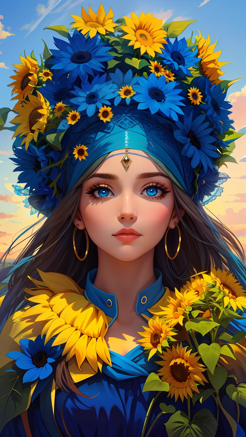 Cyan eyes, blue eyes, Sunflowers, a goddess