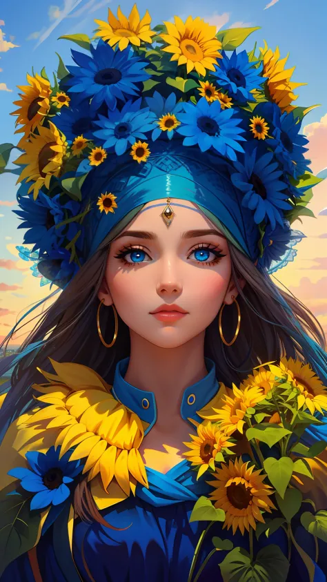Cyan eyes, blue eyes, Sunflowers, a goddess