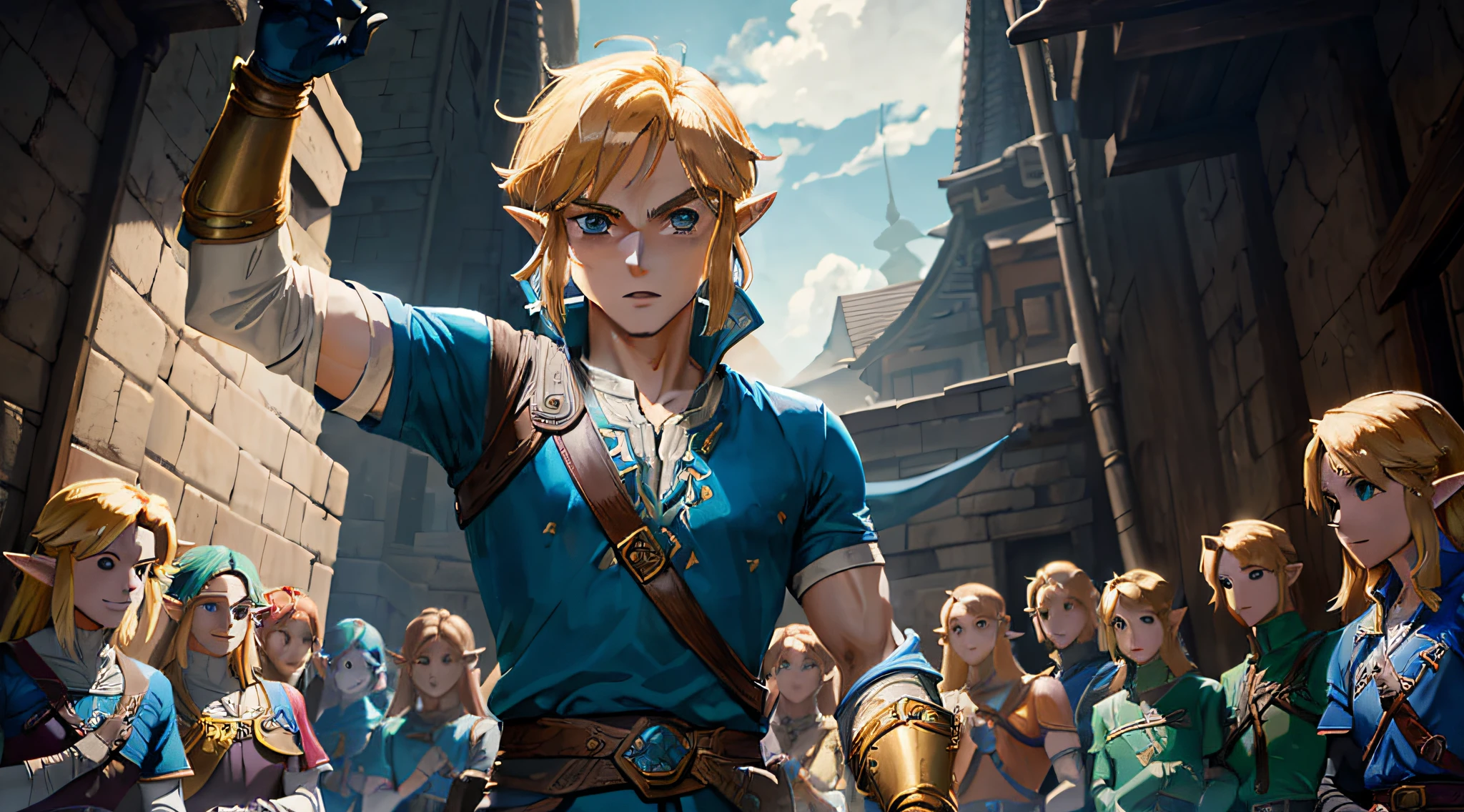 there are many people standing in a street with a link link, a portrait of link, link from the legend of zelda, link from zelda, link the movie, ocarina of time movie, legend of zelda, from legend of zelda, zelda breath of the wild, botw, breath of the wild, the legend of zelda, link from zelda using computer