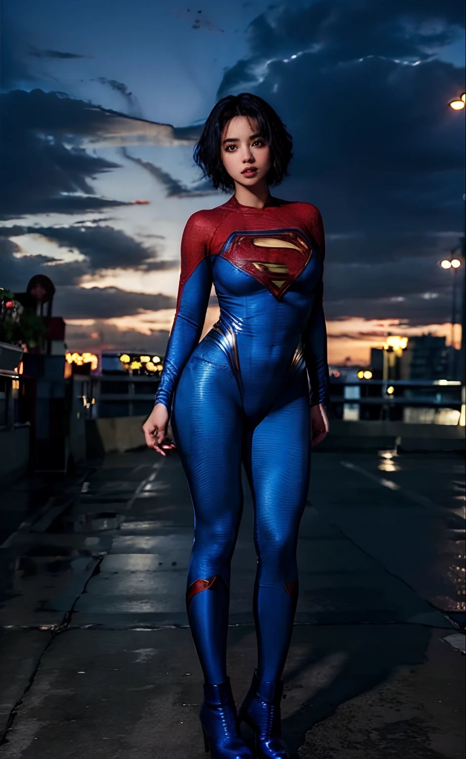 1girl, (twilight), short hair, 
(looking at viewer,( lip biting )), supergirl, cityscape, (flying),blue sky,cloud,parted lips,blue tights and boots,
intricate details,highly detailed,shiny hair,shiny skin,8k resolution,( full body)