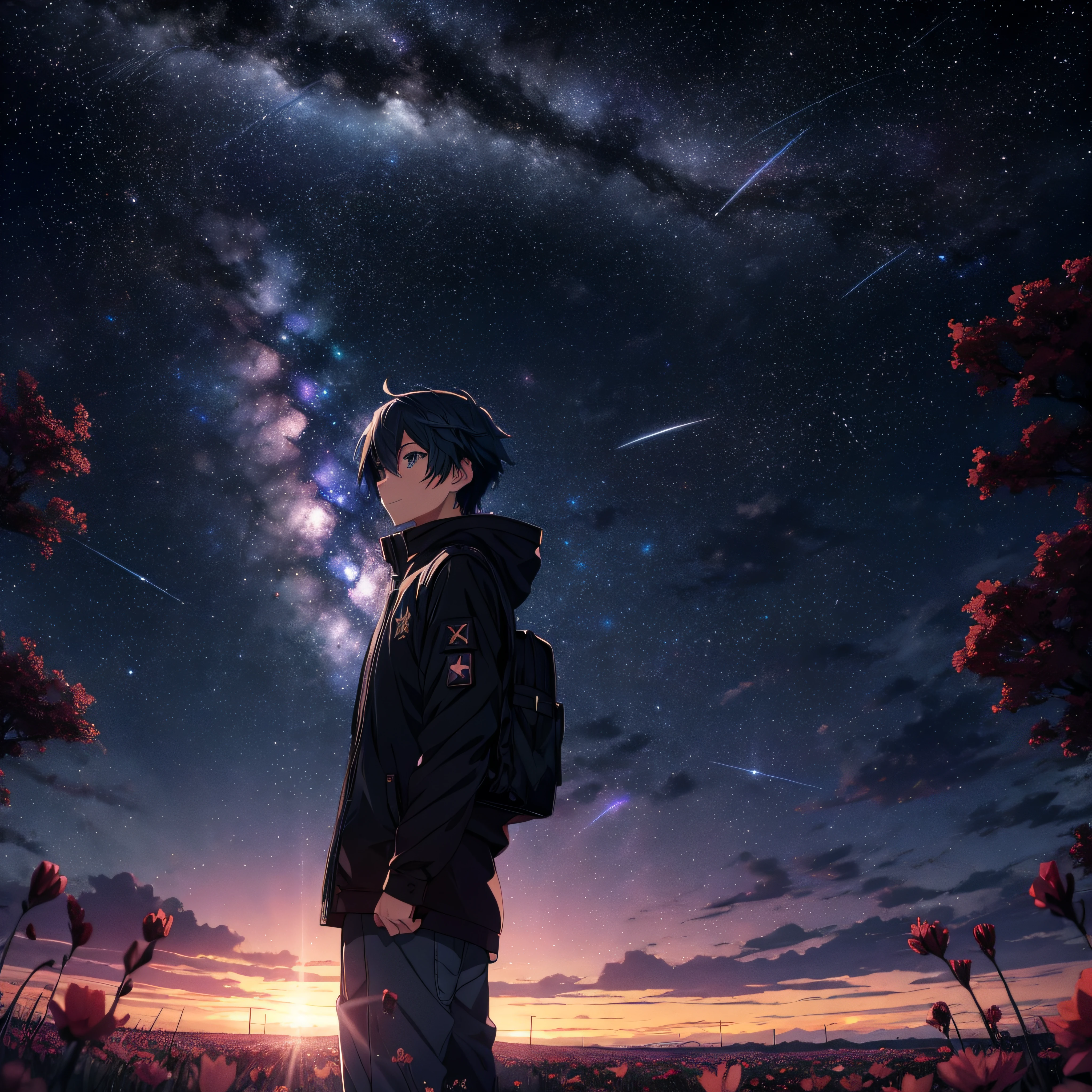 Anime boy standing in a field of flowers under a full moon，ssmile，Starry Sky 8K，nigh sky;8K，space sky，Cosmos Sky。Written by Makoto Shinkai， starrysky， stele（Skysky）starry_sky， Cosmos Sky， anime backgrounds， Anime art wallpaper 4 K， anime art wallpaper 4k， Anime Sky， 4k anime wallpaper, star comets to a circle in the sky.