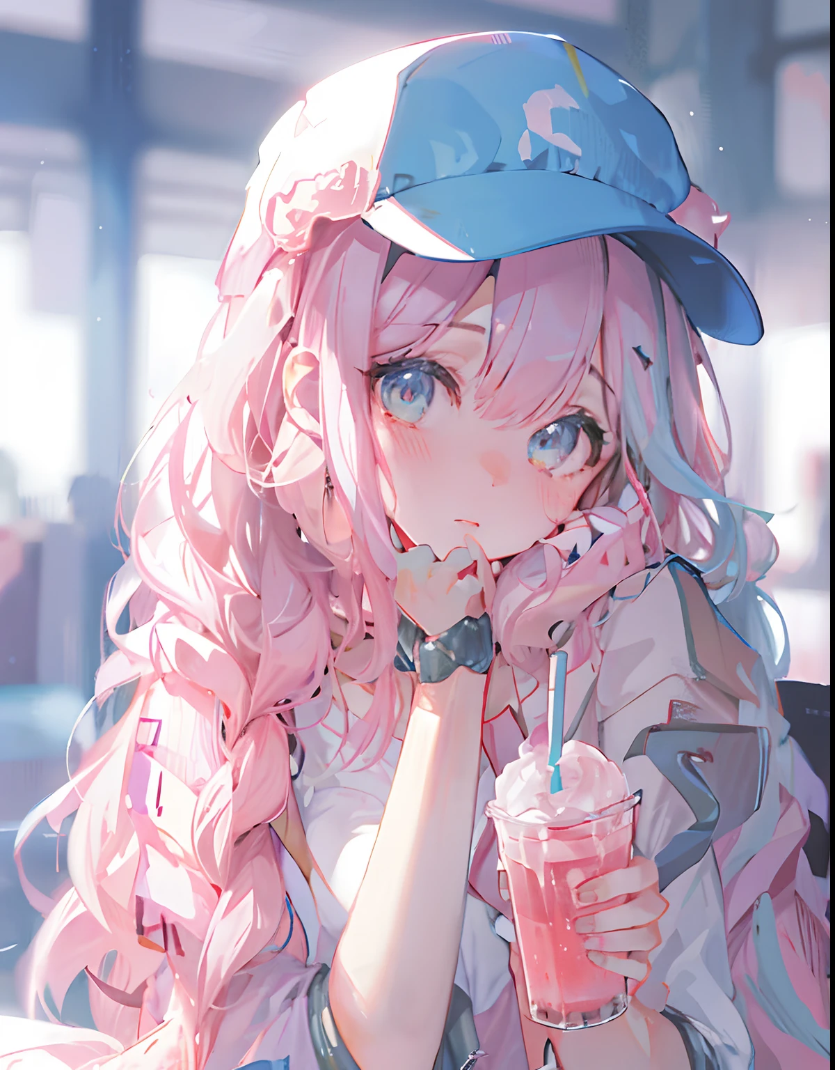 Anime girl with pink hair drinking a drink，Wearing a baseball cap ...