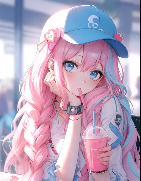 Anime girl with pink hair drinking a drink，Wearing a baseball cap ...