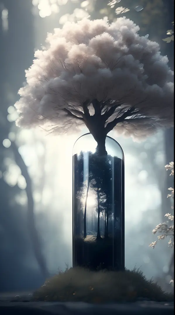 A dreamy tree of art in a bottle, fluffy, realistic, photographs, Canon, dreamy, artistic, brilliant leaves and branches, with flowers above my head. Greg Rutkowski's Ultra Detailed Photo Realism - H1024W 804 | F16 Lens Markers 2:2S 3555mm Film Particles: ...