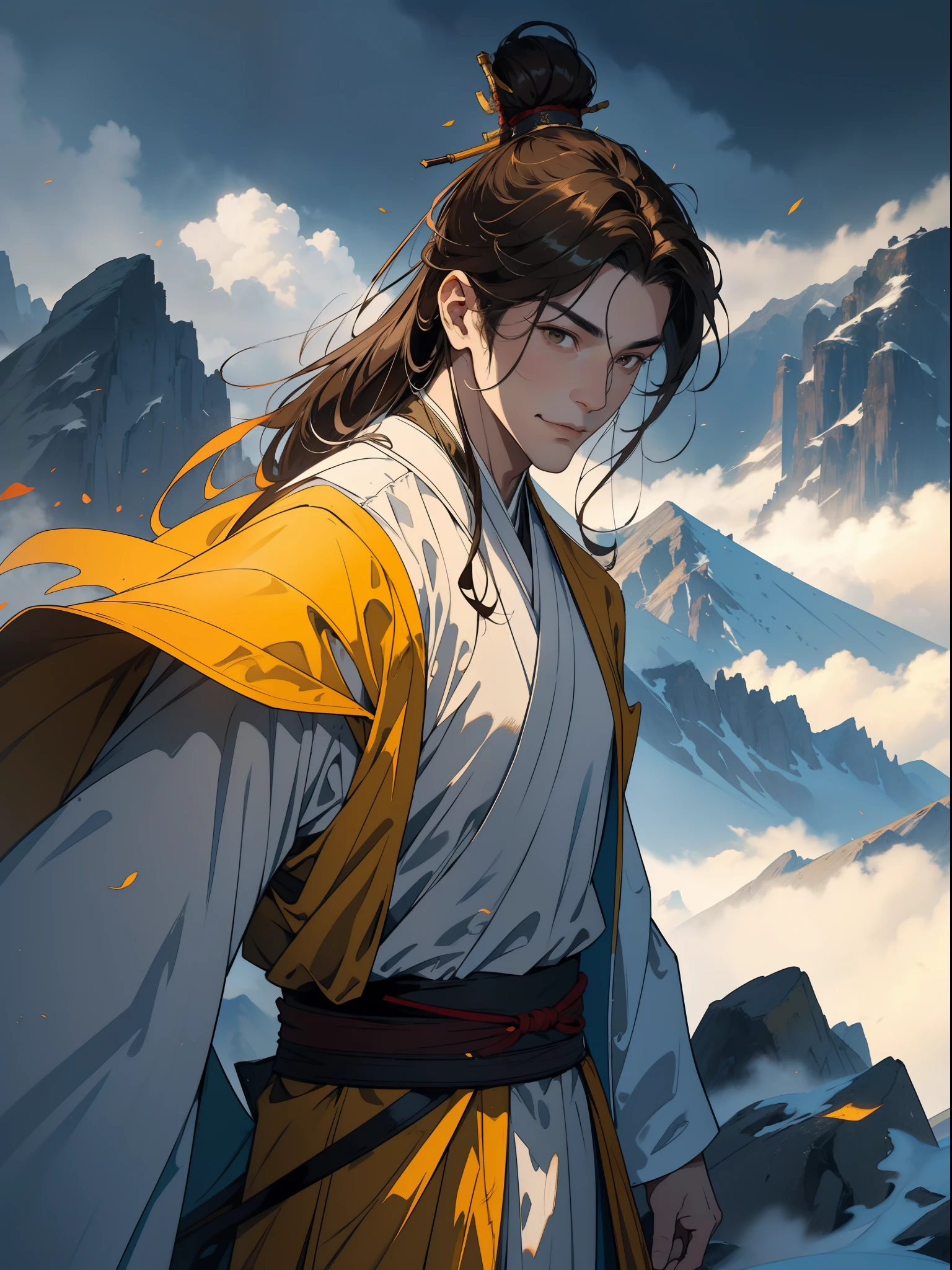 A man，Patriarch of the Rock，Brownish yellow main color picture，The portrait faces the front，Portrait upper body，The expression is a steady smile，Ancient battle robes，A dossier in his hand，Mountains and clouds in the background，Detail portrayal，wuxia-style clothing，Best picture quality，