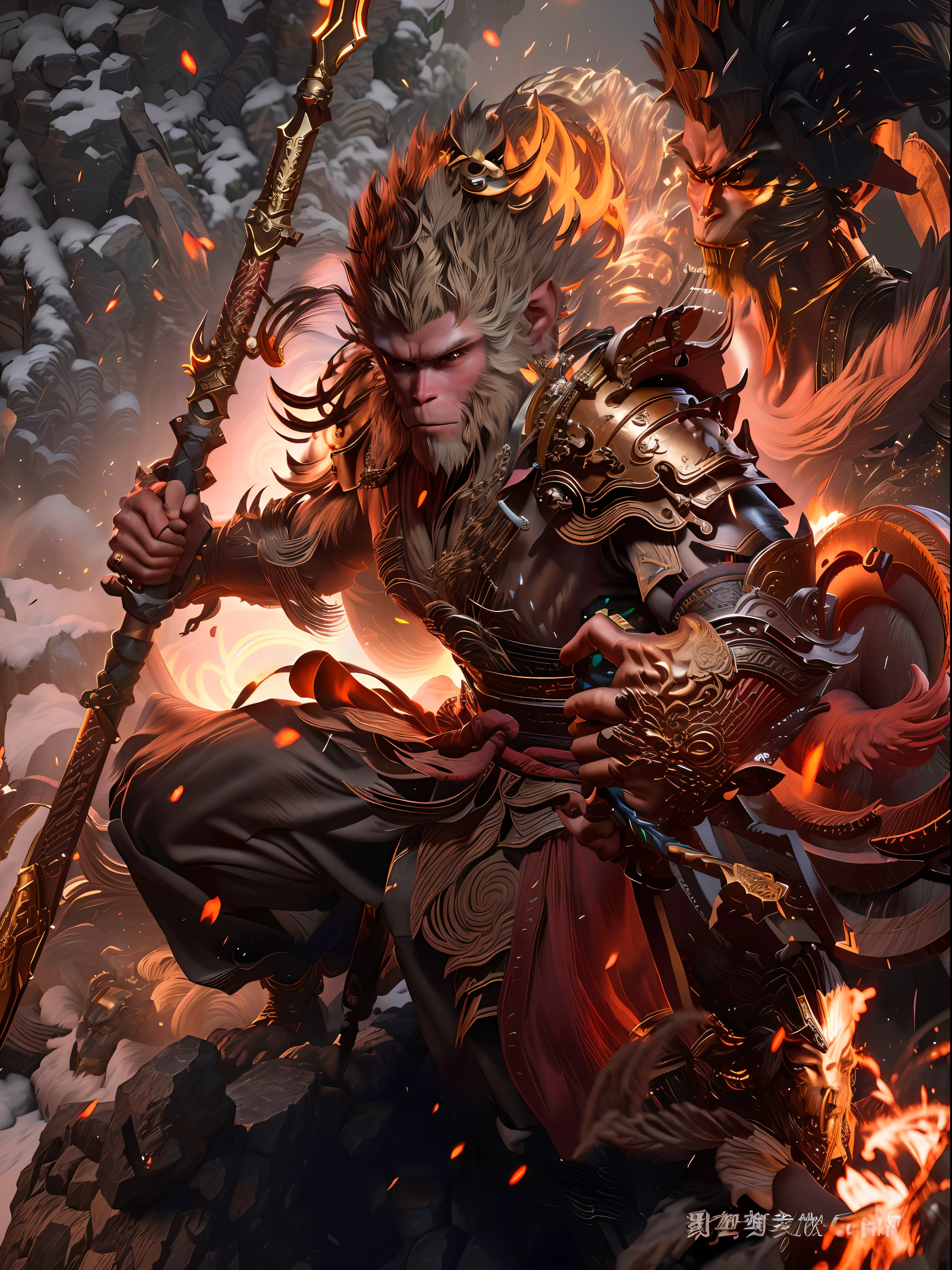 Anthropomorphic male monkey man with golden hoop stick in his hand, Sun Wukong, Wukong, fighting Buddha, normal hands, flame cloud under his feet, fire eyes golden eyes bright and brave, very beautiful anthropomorphic monkey, Guan Yu, inspired by Huang Shen, inspired by Hu Zaobin, inspired by Yang Jin, the legendary god holding a spear, by Yang J, Bian Lian, Sun Wukong, inspired by Li Kan, Cheng Wei Pan on Artstation does not want words